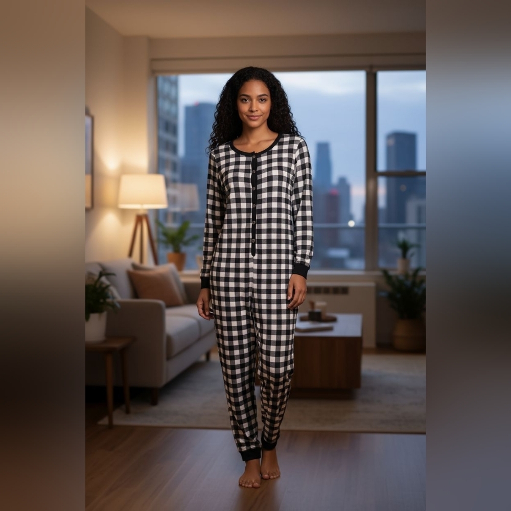 Lucky Brand Ladies L/G Hounds-tooth Pajama Union Suit Cabin Cozy Fall Winter